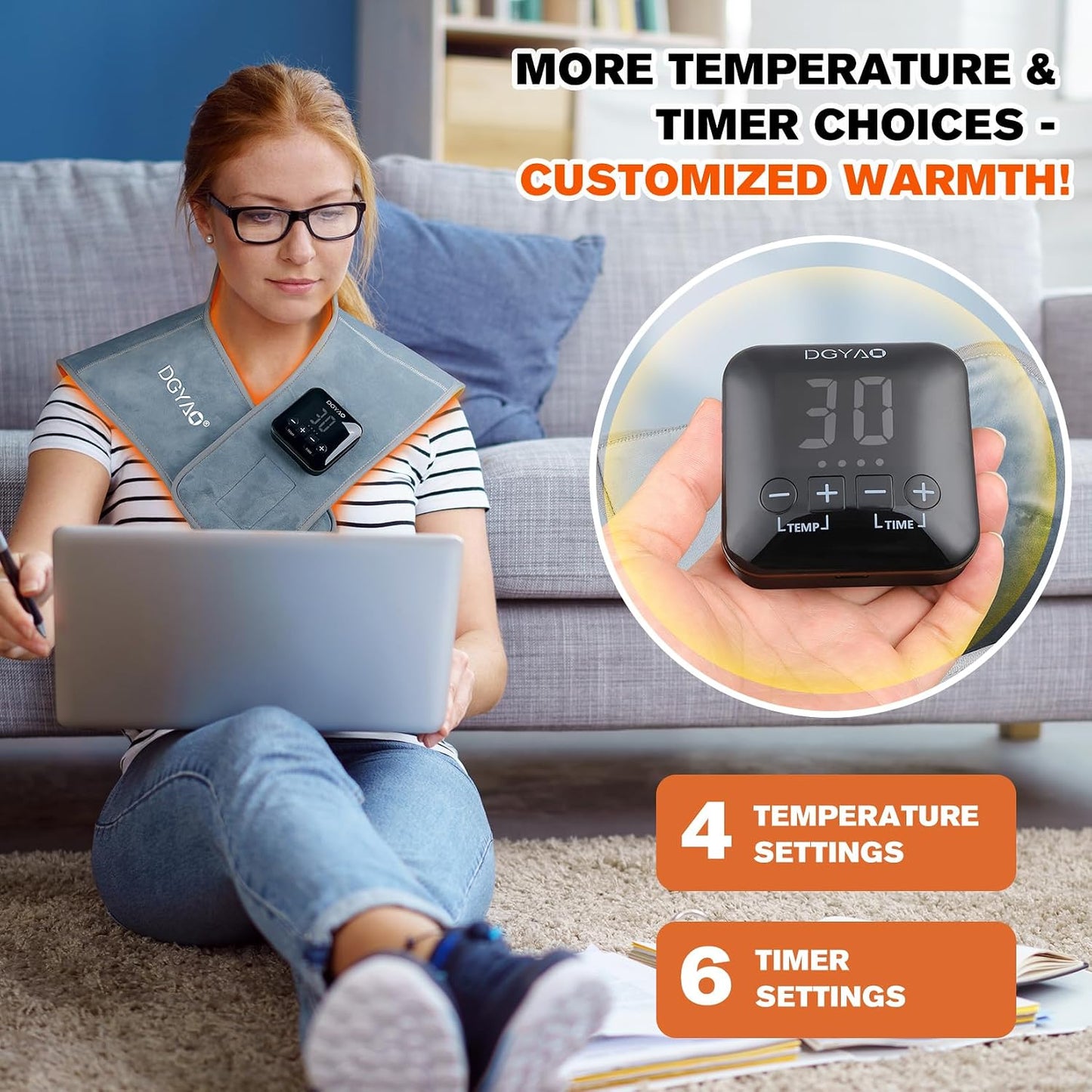 TUOB Heating Pad for Neck and Shoulder, Portable Cordless Heating Pad for Pain Relief with 4000mAh Controller, Rechargeable Electric Heat Pad, 4 Heat Setting & 6 Timers Auto Off