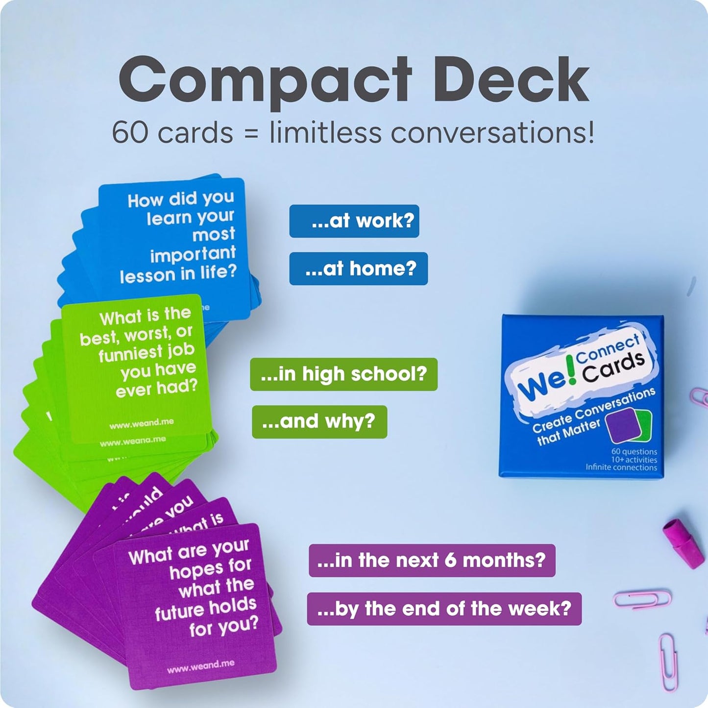 We! Connect, Ice Breaker Conversation Cards for Teams,10+ Activities | 20 fun, 20 deep & 20 self-reflection cards with10-plus activity guides & videos for workplace & education, featured by TEDx