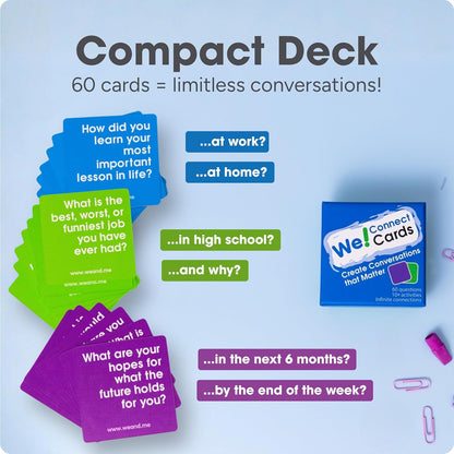 We! Connect, Ice Breaker Conversation Cards for Teams,10+ Activities | 20 fun, 20 deep & 20 self-reflection cards with10-plus activity guides & videos for workplace & education, featured by TEDx