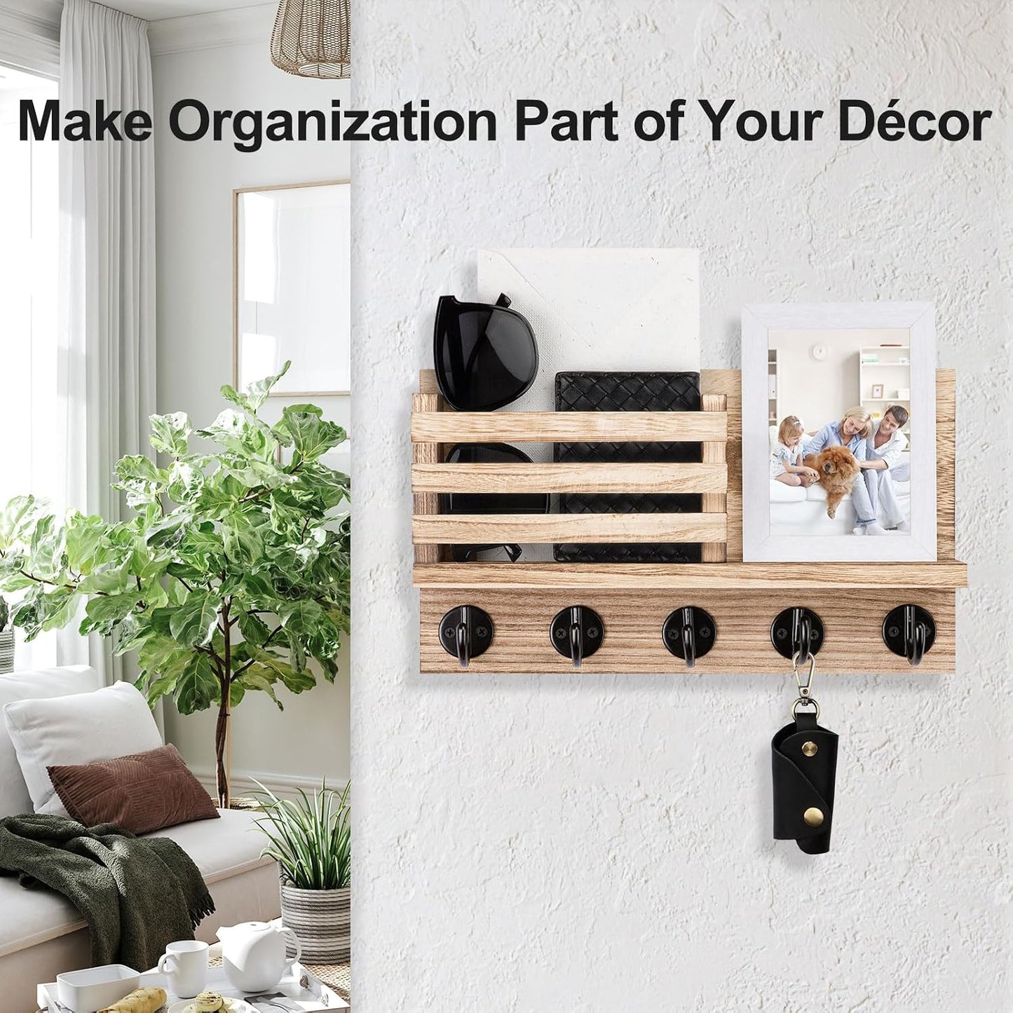Lwenki Key Holder for Wall – Decorative Wooden Mail Holder and Key Shelf with Mounting Hardware, Installation Guide – Paulownia Wood with Metal Key Hooks (Black, Large - 11.8inch)