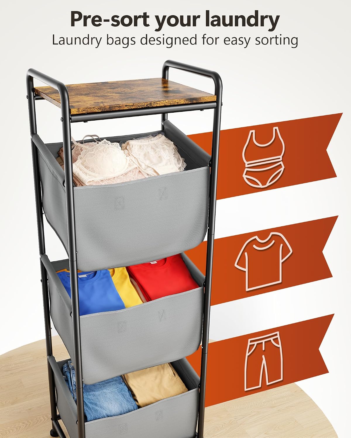 3 Section Laundry Sorter with Removable Bags, 120L Rolling Vertical Laundry Hamper, Stackable Laundry Baskets organizer for Bathroom, Apartment, Dorm (Beige, With Wheel)