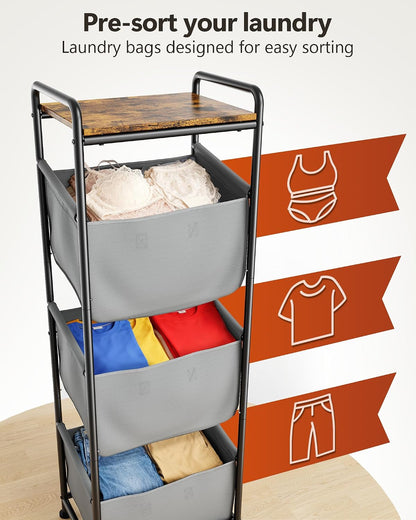 3 Section Laundry Sorter with Removable Bags, 120L Rolling Vertical Laundry Hamper, Stackable Laundry Baskets organizer for Bathroom, Apartment, Dorm (Beige, With Wheel)
