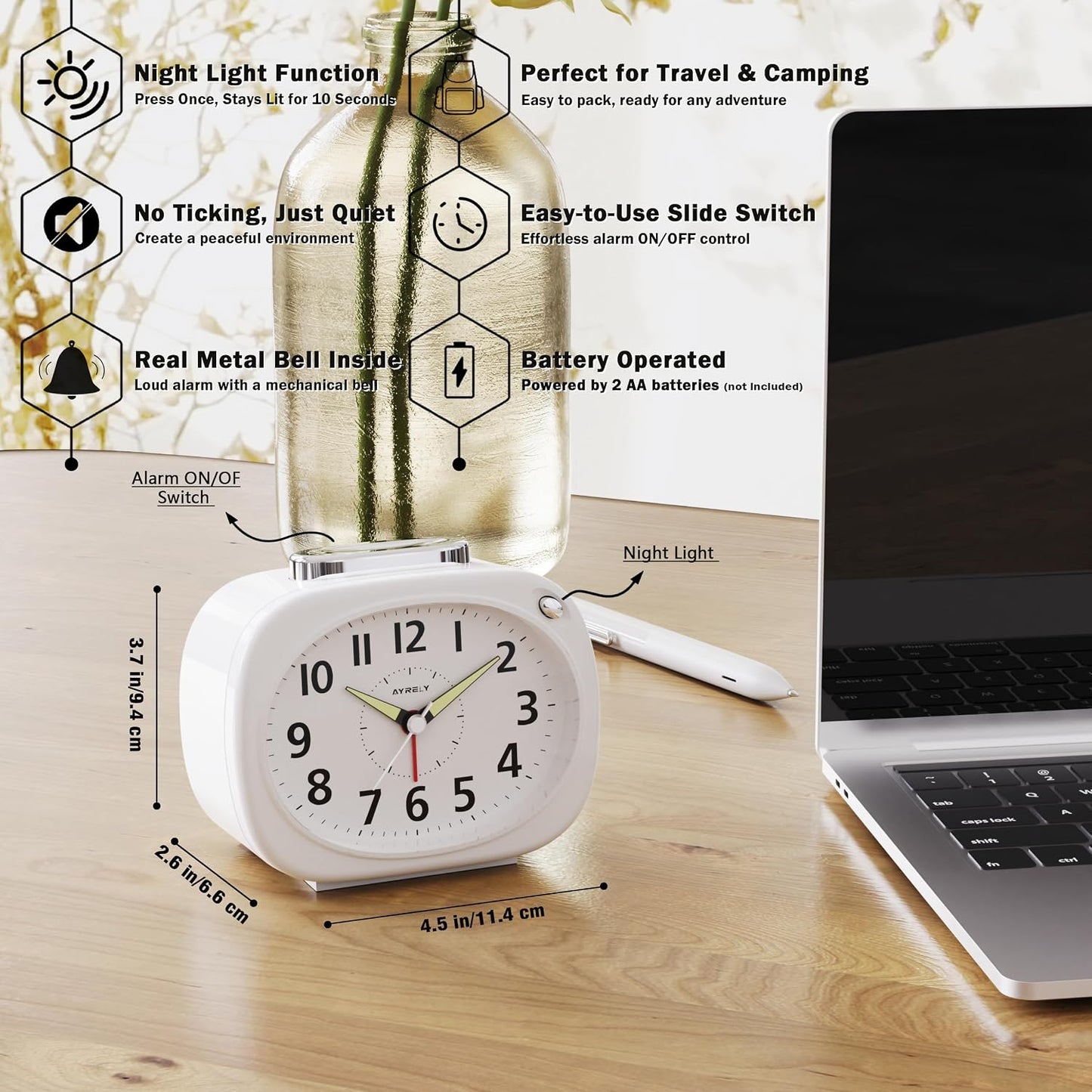 AYRELY® 4.5" Loud Analog Alarm Clock for Heavy Sleepers, 100 dB Alarm Sound | Mechanical Bell, Silent Quartz Desk Clock and Table Clock with 10-Second Night Light, Luminous Hands for Bedroom and Bedside