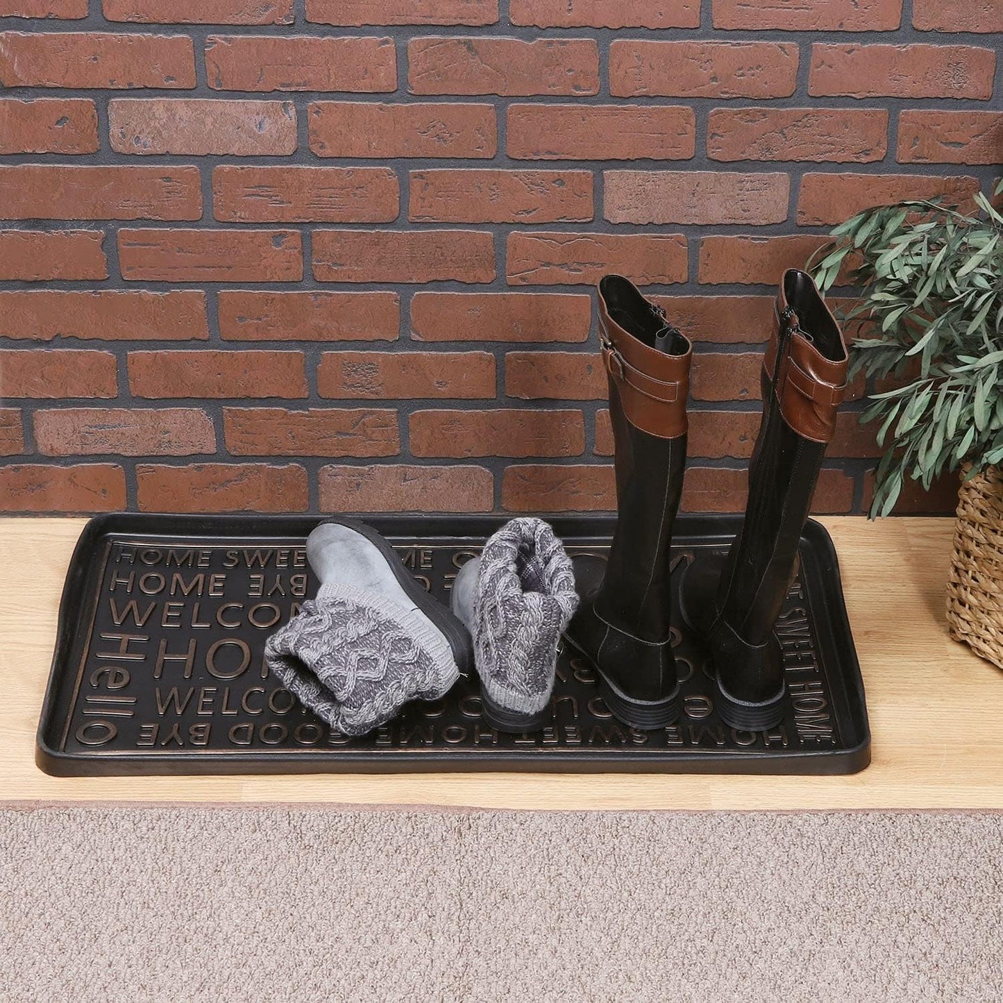 Art & Artifact Rubber Boot Tray Wet Shoe Tray for Entryway Indoor Outdoor Snow Boot Mat Extra Large Shoe Tray 32" x 16", Black, Hello Goodbye