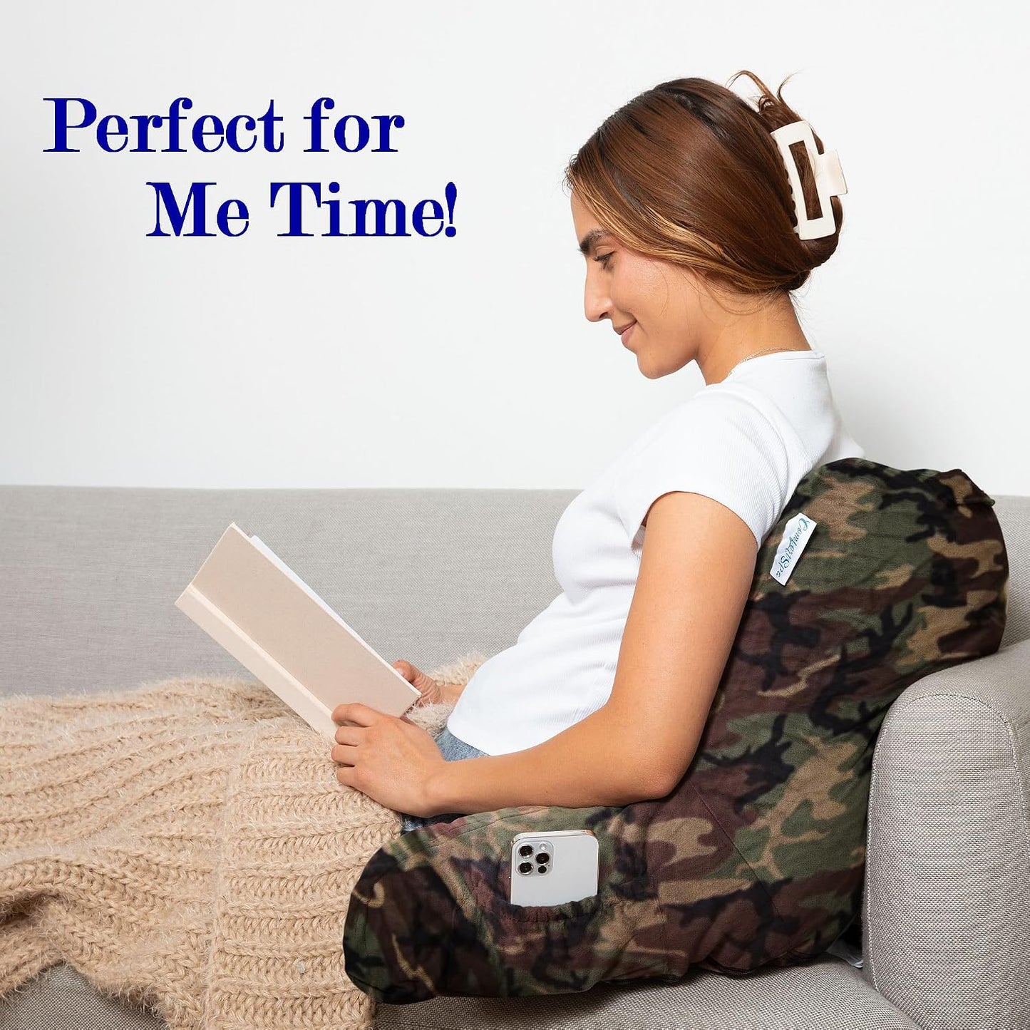 Reading Pillow for Bed with Arms Pockets for Adults, Large Grey | Bed Pillow for Sitting Up for Nursing, Breast Feeding, Bedrest or Relief from GERD or Heartburn; Removable, Washable Cover