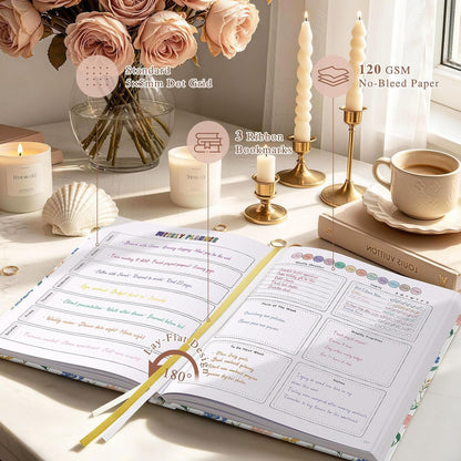 Everloria Premade Dotted Journal Notebook, 12 Months Pre-made Bullet Templates, 260 Hand-Drawn Coloring Pages, Undated Weekly & Monthly Planner, 7.8"x9.3" Leather Dot Grid Habit Mood Tracker