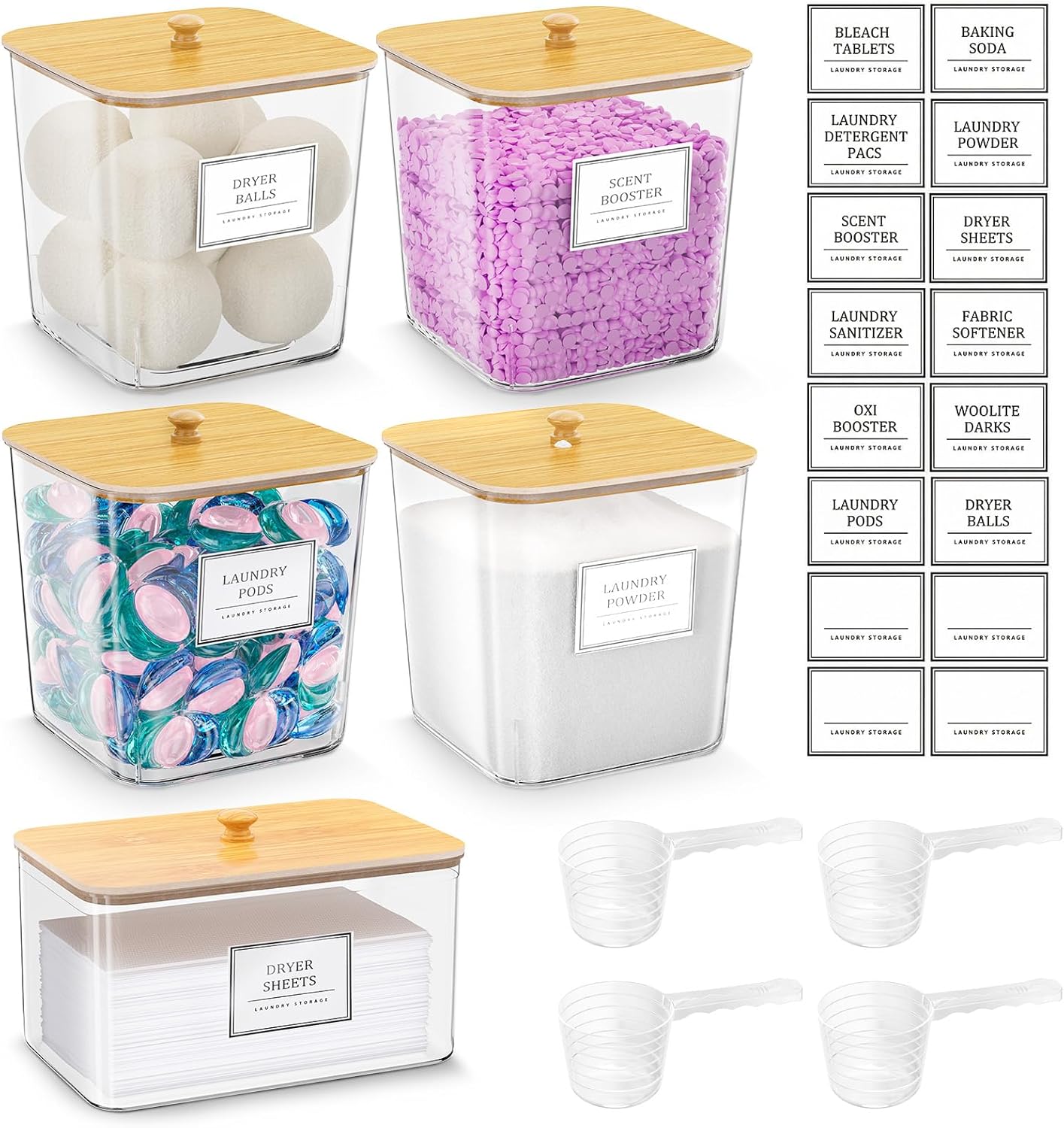 HomePekite Laundry Pods Storage Container, Clear Laundry Room Organization and Storage ,Detergent Powder Container,with Wooden Lids & Labels, 3+1 Pack