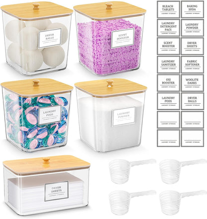 HomePekite Laundry Pods Storage Container, Clear Laundry Room Organization and Storage ,Detergent Powder Container,with Wooden Lids & Labels, 3+1 Pack