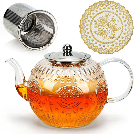 Vintage Glass Teapot with Infuser, 50oz/1500ml Borosilicate Tea Kettle, Stovetop Safe for Loose Leaf, Blooming & Herbal Tea, Includes Heat Resistant PVC Trivet