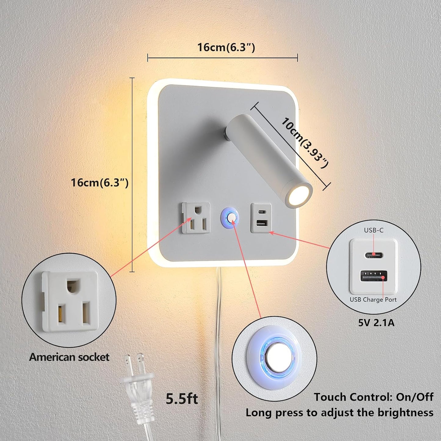 LED Headboard Reading Lamp, Dimmable Wall Sconce with USB-A/USB-C, White | Separate reading and ambient backlight controls, memory dimmer, adjustable angles, plug-in/hardwired, bedroom, bedside, hotel