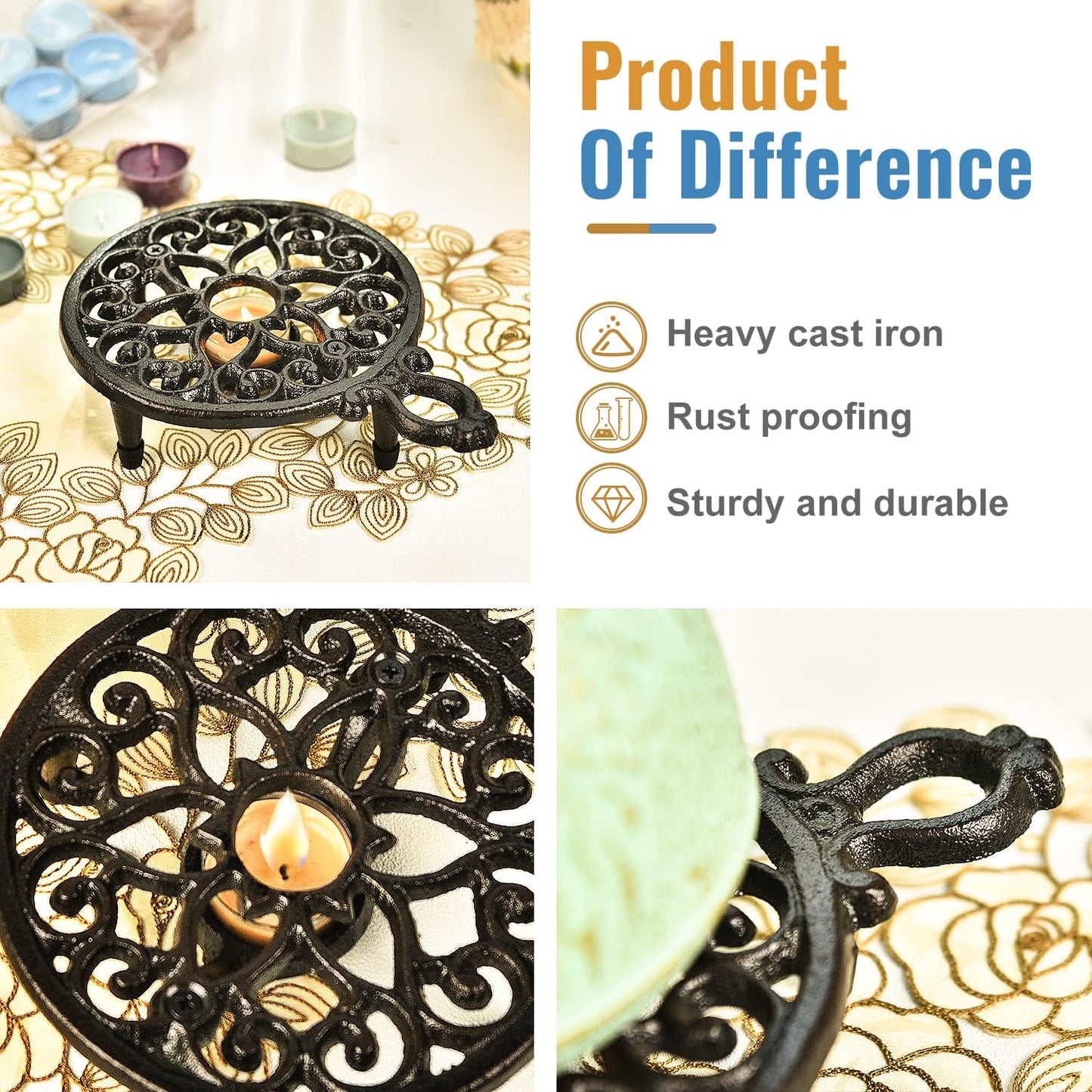 Sungmor Cast Iron Teapot Warmer - Rustic Design with Tealight Holder | Heavy Duty & Decorative Candle Holder Stands for Heat Food Coffee Milk or Tea
