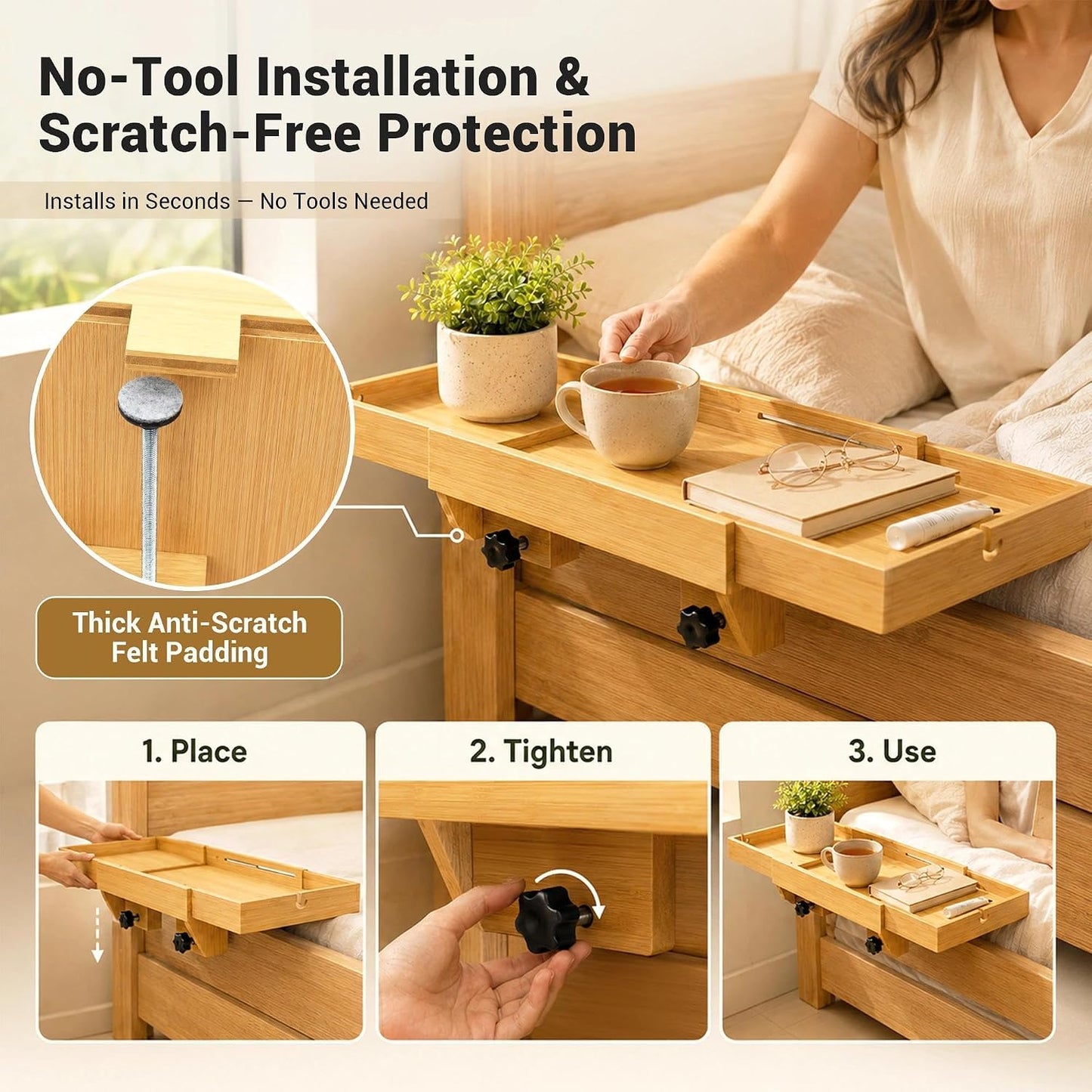 MinBoo Expandable Bamboo Bedside Shelf – Sliding Clip-On Nightstand for Bunk Beds (Fits up to 2.36" Rails), Space-Saving Floating Bed Tray with Cable Slots and Hanging Hooks (Natural Wood)