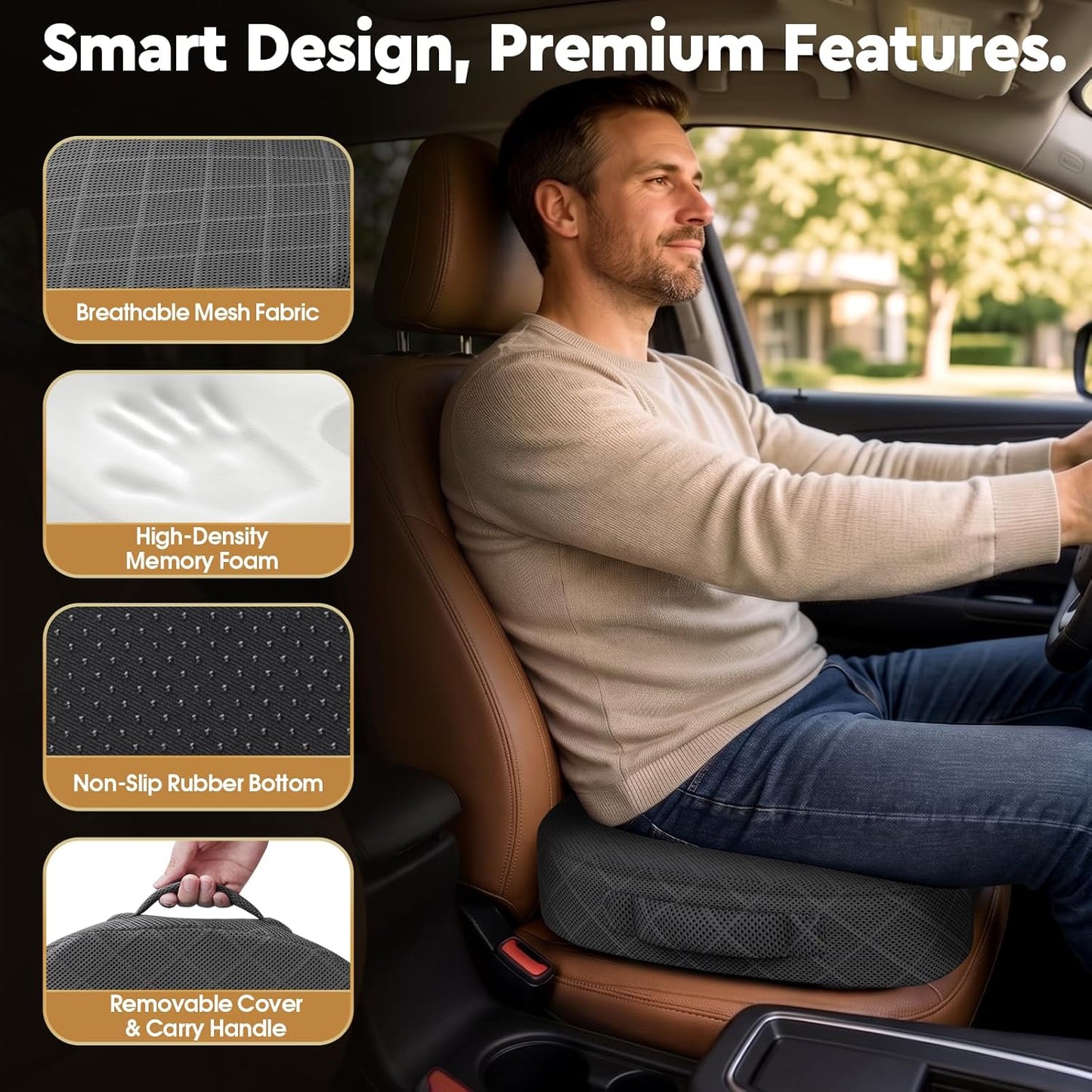 TushGuard Office/ Car Seat Cushion, Non-Slip Sciatica & Back Coccyx Tailbone Pain Relief Chair Pad, Memory Foam Butt Pillow for Computer Desk, Wheelchair, Driving (Black)