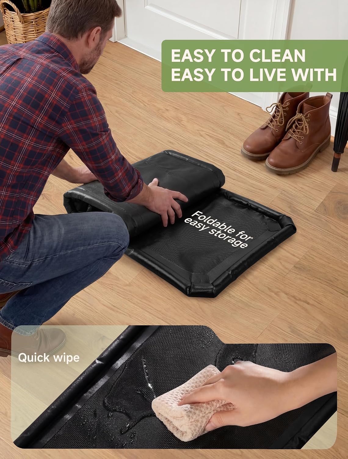 Shoe Mat, Large Boot Mat for Entryway Indoor- 59" × 17.7" | 1.2 in Raised Edges Tray, 600D PVC, Waterproof, Foldable, Non Slip, Wet Shoes, Mud, Snow, Multiple Uses