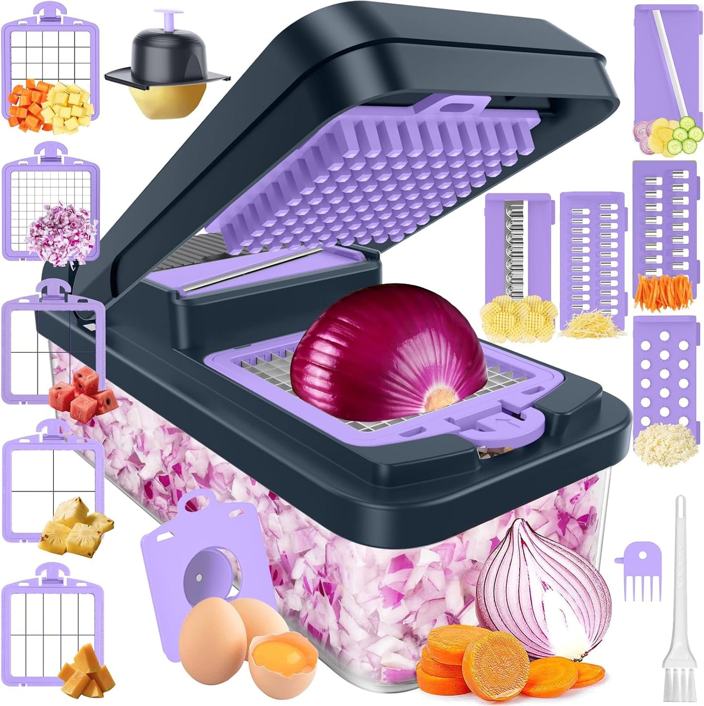 12-in-1 Vegetable Chopper with 7 Blades, Food Veggie Cutter, Green | Includes Egg Separator, Food Container and Finger Guard, Non-slip Base, for Chopping, Slicing, Shredding, and Mincing