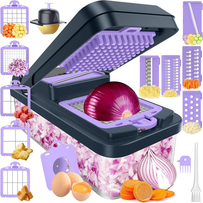 12-in-1 Vegetable Chopper with 7 Blades, Food Veggie Cutter, Green | Includes Egg Separator, Food Container and Finger Guard, Non-slip Base, for Chopping, Slicing, Shredding, and Mincing