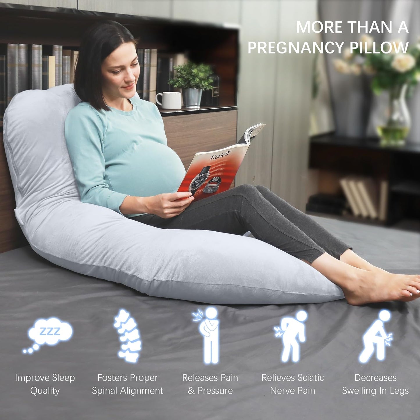 MOON PARK Pregnancy Pillows for Sleeping - 57 Inch U Shaped Full Body Maternity Pillow with Removable Cover - Support for Back, Legs, Belly, Hips - Pregnancy Pillow for Women - Grey