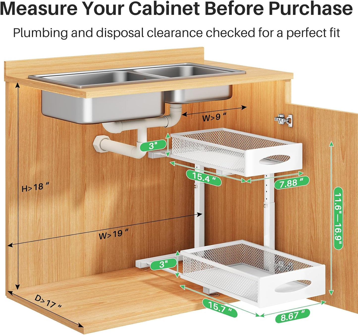 Under Sink Organizer, 2 Tier Pull out Cabinet Organizer Baskets with Mesh Sliding Drawers, Slide out Storage Shelf for Home, Kitchen, Bathroom, Pantry, Office Cabinet, Countertop(1 Pack)