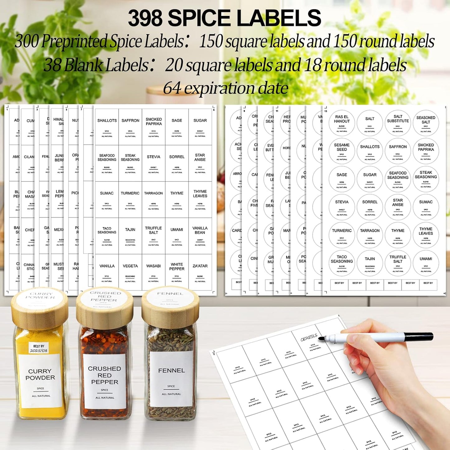 Glass Spice Jars with Bamboo Lid & 398 Label for Cabinet & Drawer Organizer | 24 pcs 4 fl oz Square Spice Bottles With Shaker Lids,Airtight Spice Containers Keep Fresh,Seasoning Containers Organization