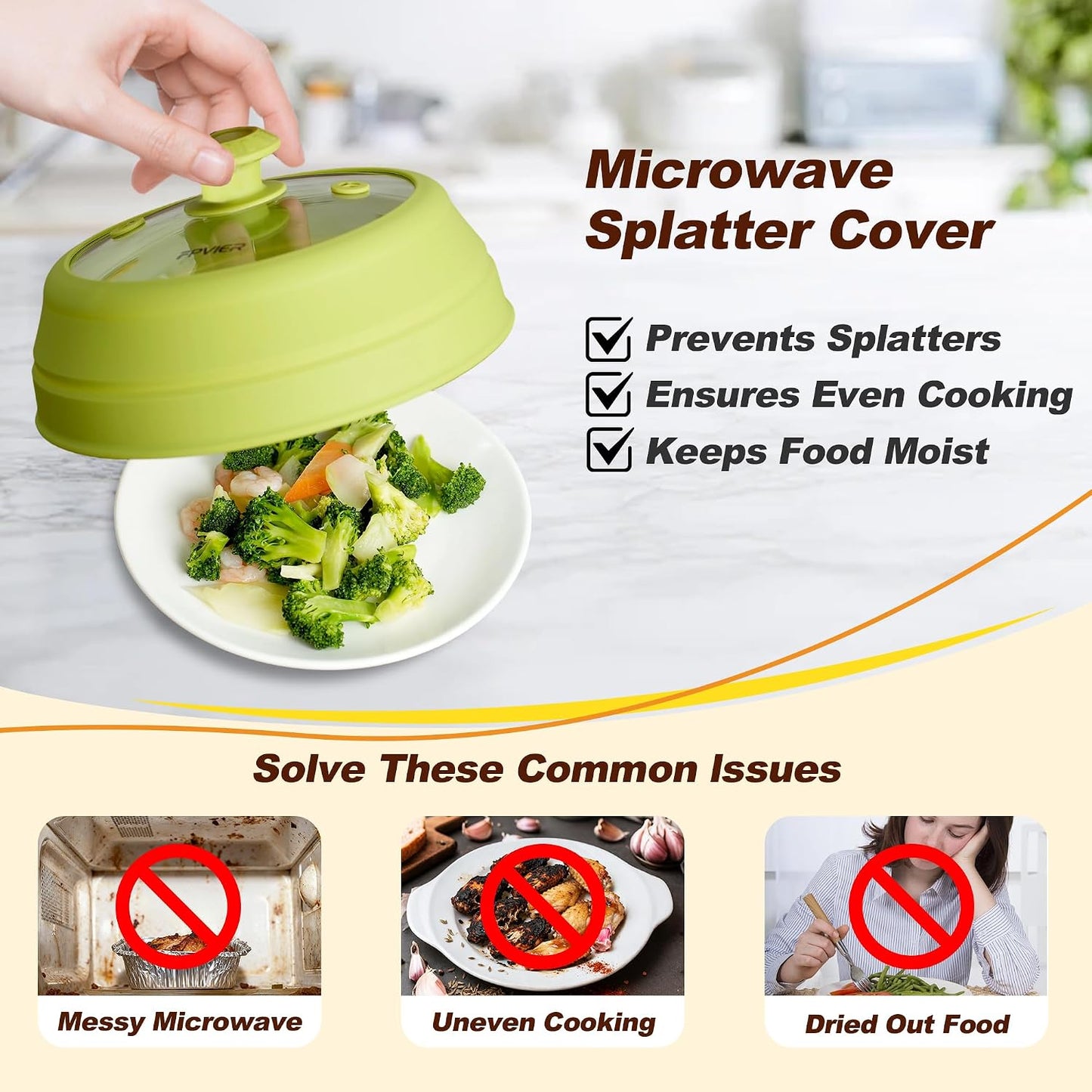 Microwave Splatter Cover, Vented Silicone & Glass Anti-Splatter Lid with Handle, Collapsible Food Plate Cover Fits 6–11 Inch Plates and Bowls (Black, 10.8inch)