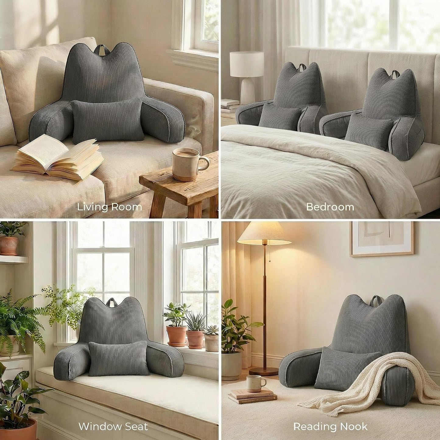 Patented Design Reading Pillow with Arms for Sitting Up, 2-in-1 Bed Rest Pillow with Detachable Lumbar Support, Backrest Support Cushion for Couch with Side Pockets & Handle, Beige Gray