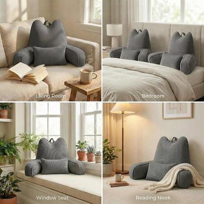 Patented Design Reading Pillow with Arms for Sitting Up, 2-in-1 Bed Rest Pillow with Detachable Lumbar Support, Backrest Support Cushion for Couch with Side Pockets & Handle, Beige Gray