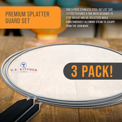 U.S. Kitchen Supply 4-Piece Stainless Steel Splatter Guard Set (13", 11.5", 10",8”) Fine Mesh Cover, Grease & Oil, Splatter Screen for Frying Pan, Cooking Pots, with Comfort Grip Handles