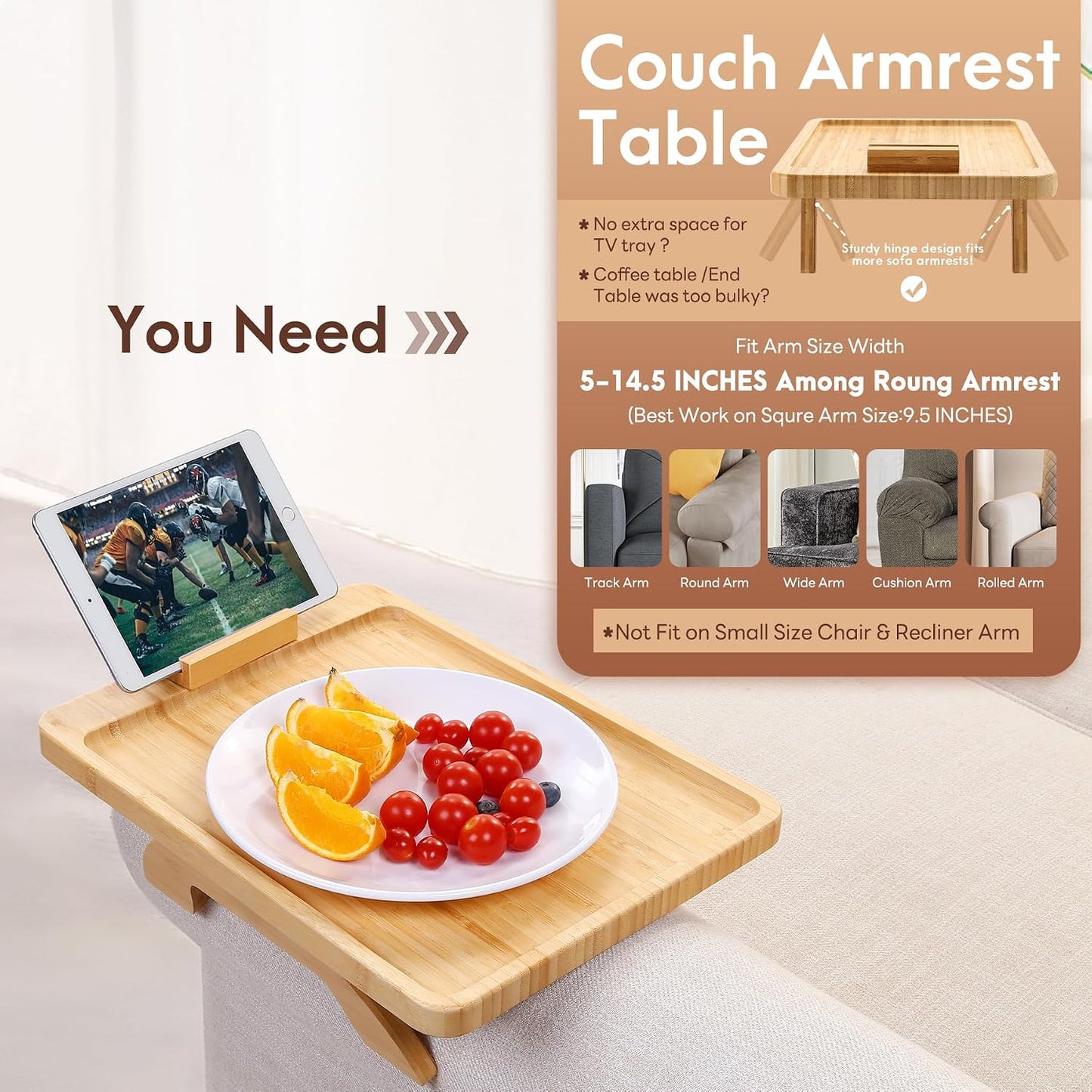 Couch Arm Tray,Bamboo Sofa Clip on Side Table,Foldable Couch Armrest Table with 360°Rotating Phone Holder,Anti Slip Food Trays for Eating/Drinks/Snacks/Remotes 15.35" x 9.85"