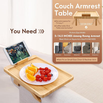 Couch Arm Tray,Bamboo Sofa Clip on Side Table,Foldable Couch Armrest Table with 360°Rotating Phone Holder,Anti Slip Food Trays for Eating/Drinks/Snacks/Remotes 15.35" x 9.85"
