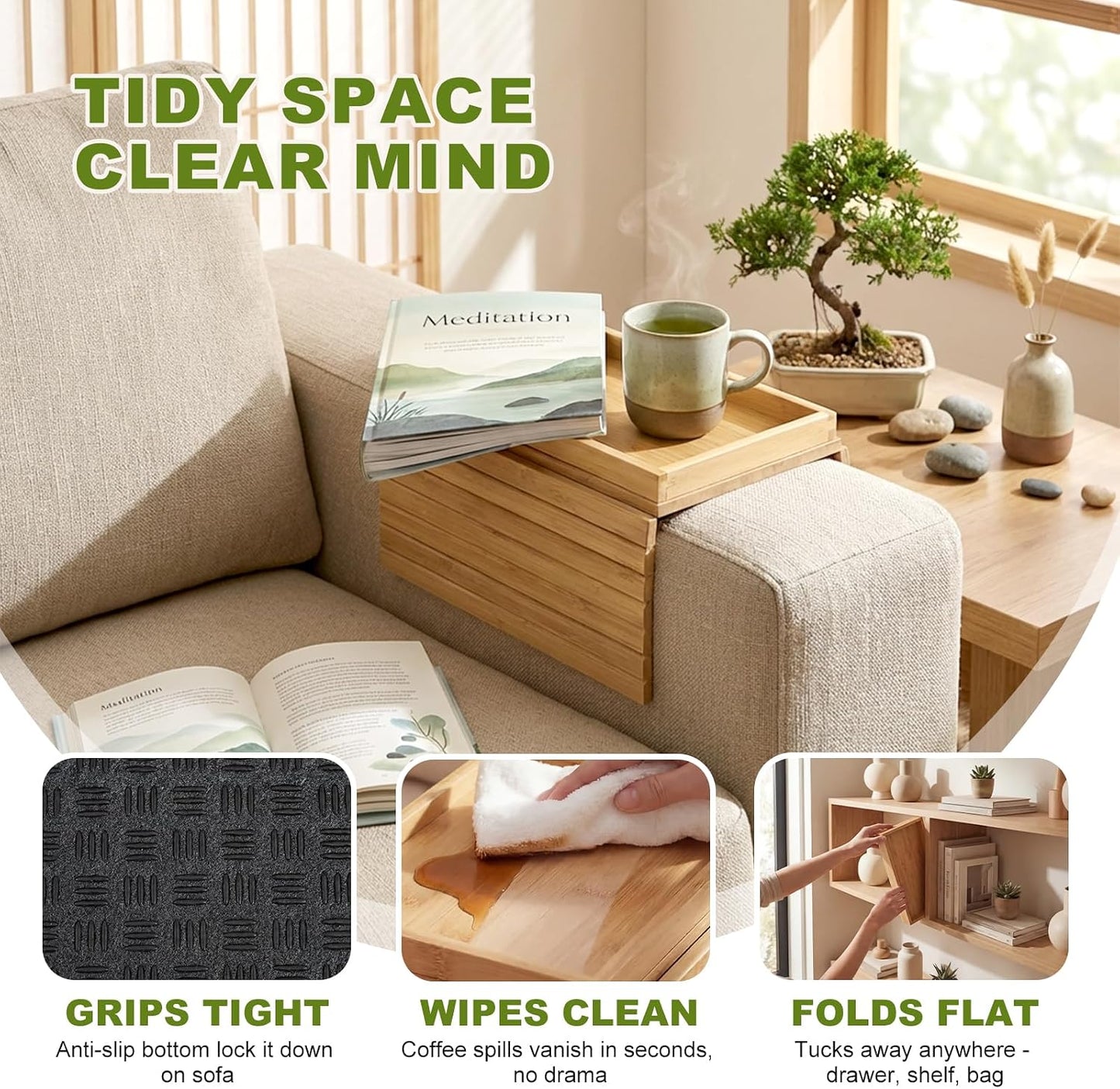 Sofa Arm Tray, Fits 6.5"+ Couch Armrest, Foldable Bamboo Large Storage Tray | Sturdy 12.5" x 5.8" Storage Compartment, Portable Chair Couch Caddy Arm Tray, For Cup TV Snacks Phone