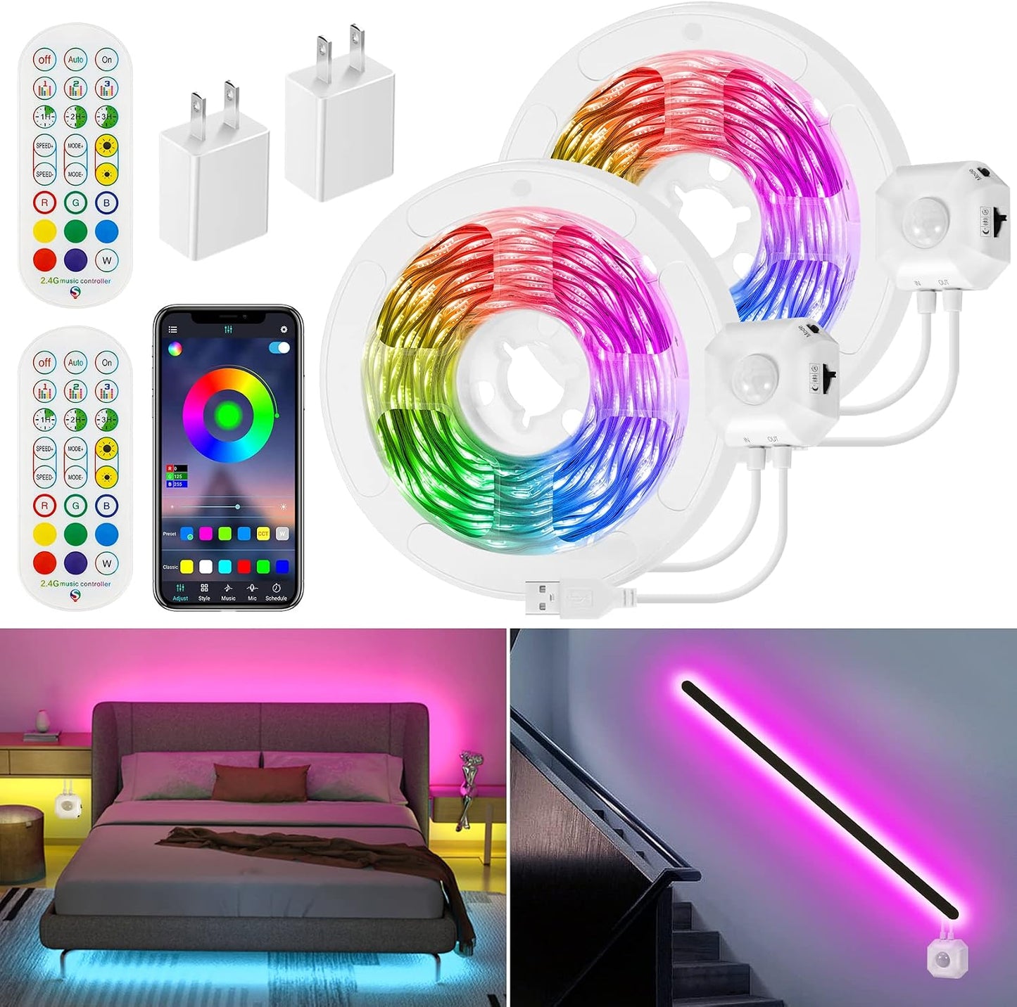 9.8Ft RGB LED Strip Lights, Motion Sensor Under Bed Lights, Indoor Usage, USB Powered, 3 Modes, App Control, RF Remote, SMD5050, for Bedroom, Kitchen, Stairs | Color Changing Motion Activated LED Strip Night Lighting,Music sync,Auto on/Off,USB Powered