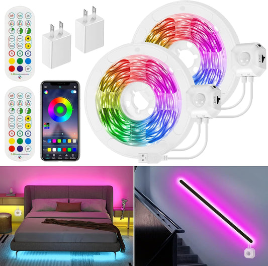 9.8Ft RGB LED Strip Lights, Motion Sensor Under Bed Lights, Indoor Usage, USB Powered, 3 Modes, App Control, RF Remote, SMD5050, for Bedroom, Kitchen, Stairs | Color Changing Motion Activated LED Strip Night Lighting,Music sync,Auto on/Off,USB Powered