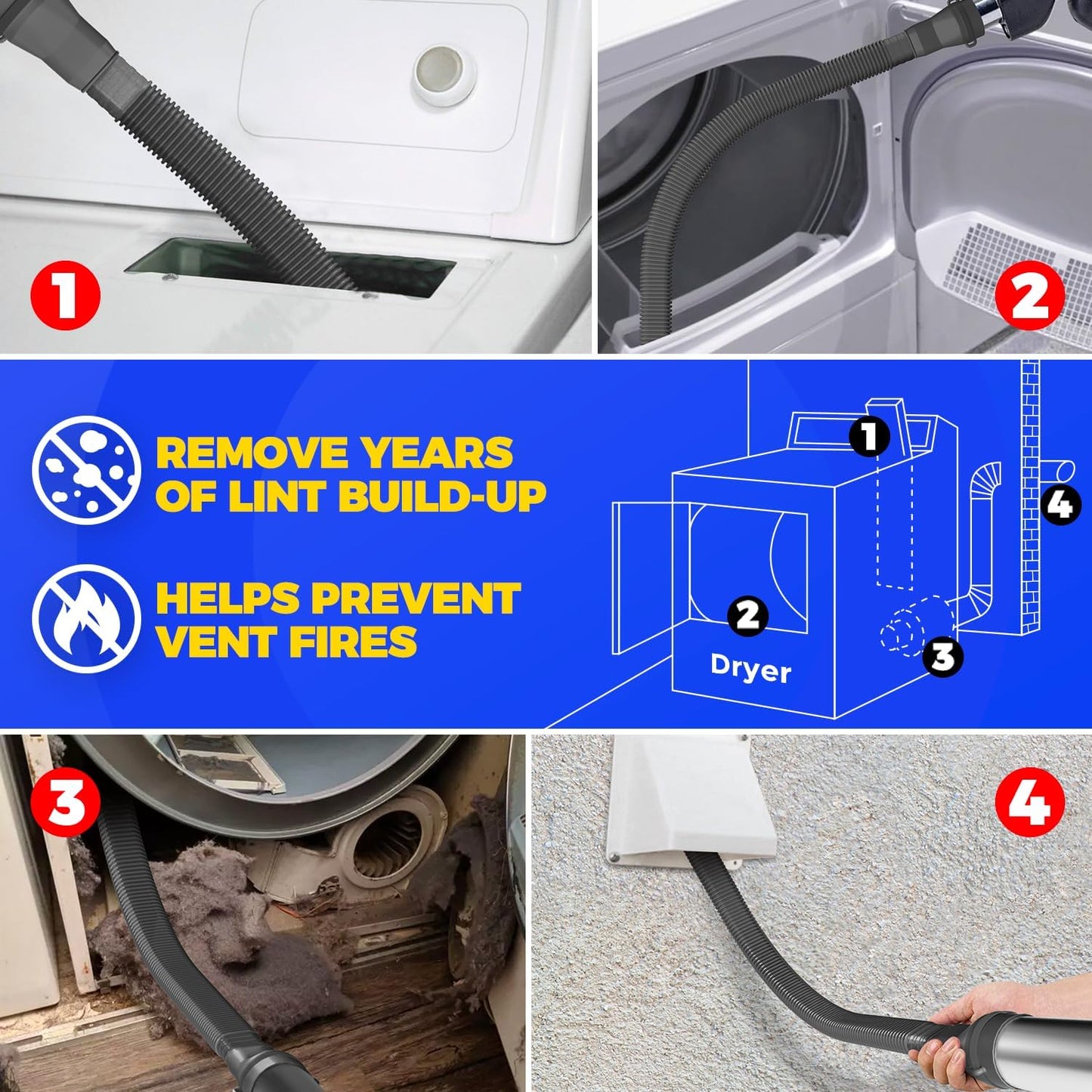 Holikme Dryer Vent Cleaner Kit, Vacuum Hose Attachment, 2-Piece, Black | Adjustable Cable Tie for Easy Attachment, Flexible Lint Brush Removes Lint from Dryer Lint Screens and Tight Spaces