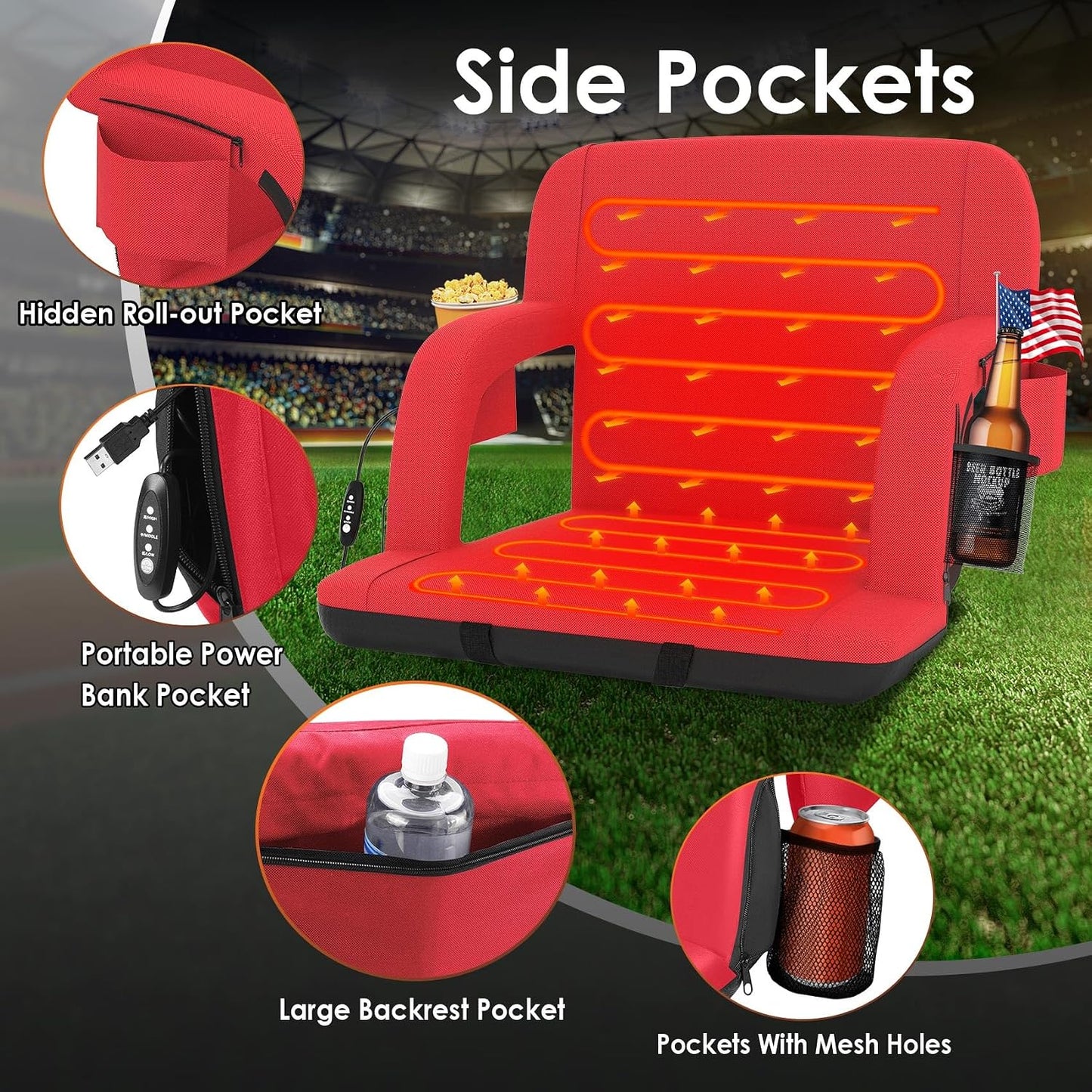 HOPERAN 21" Heated Stadium Seats for Bleachers with Back Support, Black 2PC | Seat & Back Heat Wired Control, 3 Heat Levels (NO Battery), Soft Cushion, 6 Recline, Anti-Slip, Side Pockets, Backpack Straps