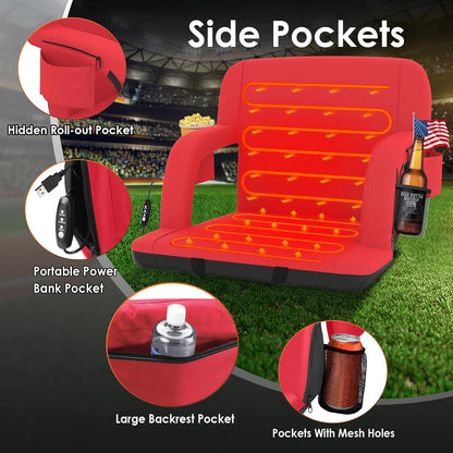 HOPERAN 21" Heated Stadium Seats for Bleachers with Back Support, Black 2PC | Seat & Back Heat Wired Control, 3 Heat Levels (NO Battery), Soft Cushion, 6 Recline, Anti-Slip, Side Pockets, Backpack Straps