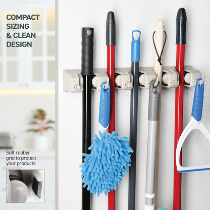 HOME IT Broom and Mop Holder Wall Mount – Heavy Duty Garage Organizer with 5 Slots & 6 Hooks, 7.5lbs Capacity Per Slot - Easy Install Storage Rack for Home, Kitchen, Laundry Room & Garden - Off-White