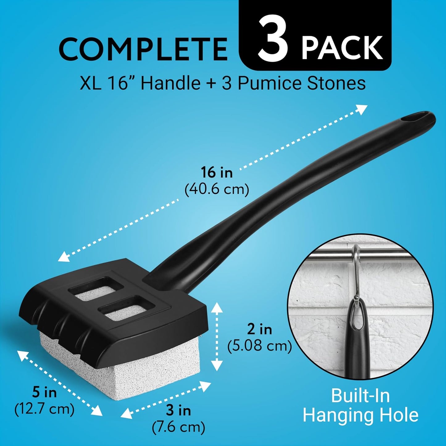 Impresa Pumice Stone Grill Brush - 5 x 2 in Head, 16 in Handle, Pack of 3 Replacement Bricks - Grease Removal BBQ Cleaning Stone - Ergonomic Long Handle Griddle Cleaning Kit - Versatile Grill Scraper