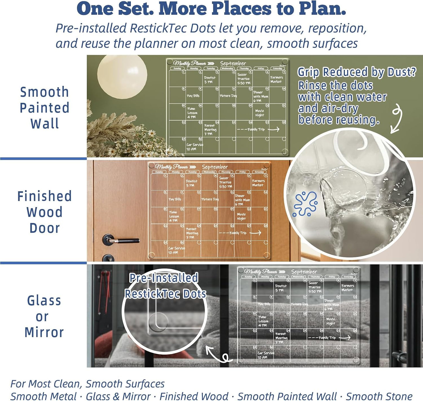 Clear Non-Magnetic Calendar Set for Fridge - Dry Erase Transparent Monthly and Weekly Calendar, List and Blank Whiteboard - Sticks to Wall, Glass, Door, Any Smooth Surfaces
