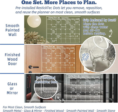 Clear Non-Magnetic Calendar Set for Fridge - Dry Erase Transparent Monthly and Weekly Calendar, List and Blank Whiteboard - Sticks to Wall, Glass, Door, Any Smooth Surfaces