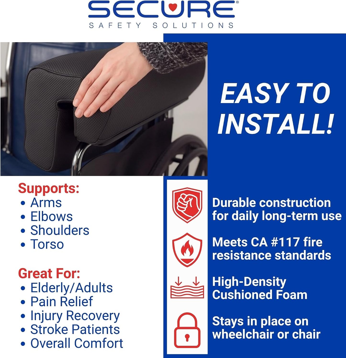 Secure Safety Solutions Wheelchair Armrest Lateral Support Cushion | High Density Comfort Foam Arm Trough, Stabilizing Positioning Pad, Pressure Relief, Durable Waterproof Vinyl, Left/Right Fit