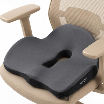evori Comfort Cushion, Memory Foam Tailbone Seat Cushion for Office Chair | Contoured nonslip coccyx cutout pad for posture and lower back support, machine washable cover, desk, car and gaming chairs