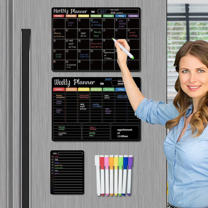 Hivillexun Magnetic Dry Erase Calendar Whiteboard Set (4-Pack) for Home and Kitchen, with Monthly and Weekly Views (16.5” x 11.8”), Magnetic Whiteboard and Daily Planners (12” x 8”) 8 Markers & Eraser