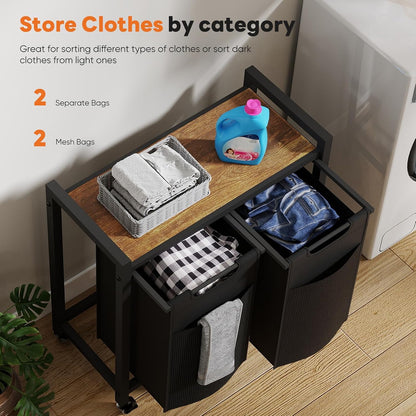 NEWBULIG Laundry Hamper Sorter with Wheels, Rolling Laundry Basket with Shelf & Removable Pull-Out Bag, Dirty Clothes Hamper for Room Organizer, 3 x 10.6 Gal (120L) - Rustic Brown and Black
