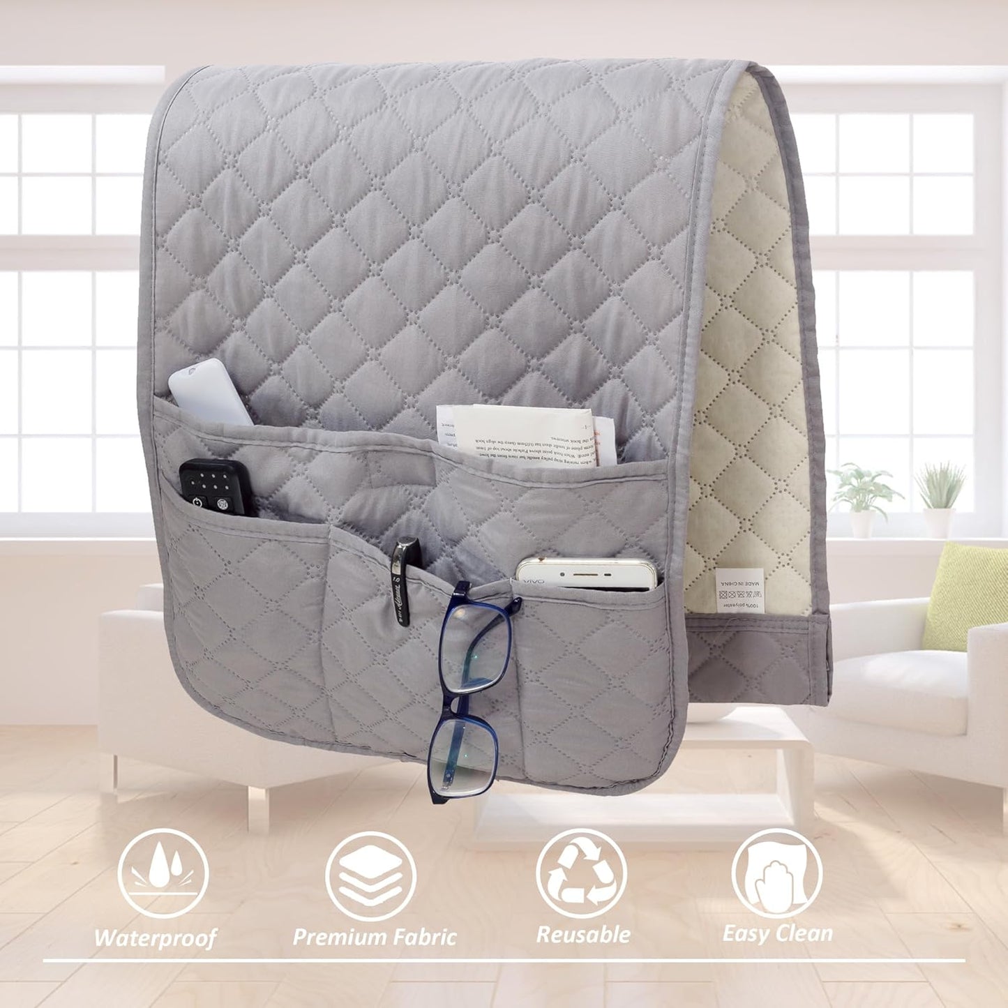 Armchair Caddy for Couch Remote Control Holder with 4 Pockets, Grey 1 Pack | Non-slip, Waterproof, Sofa Armset Organizer, Couch Chair Armrest Storage for TV Remote Control Phone Book Magazine 35"x13"