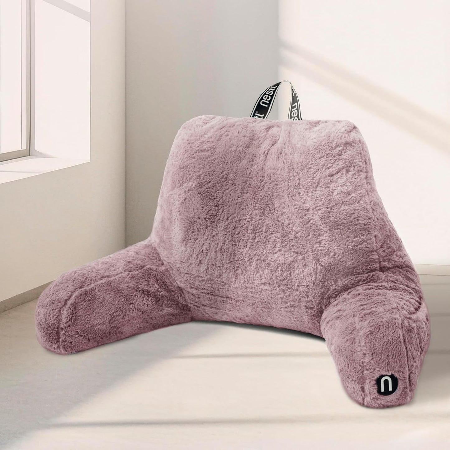 Nestl Fur Reading Pillow with Shredded Memory Foam, Stylish Back Pillow for Bed Sitting Up, Faux Fur Reading Pillows for Sitting in Bed Adult & Kids, Sit Up Back Support Pillow with Arms - Dark Grey