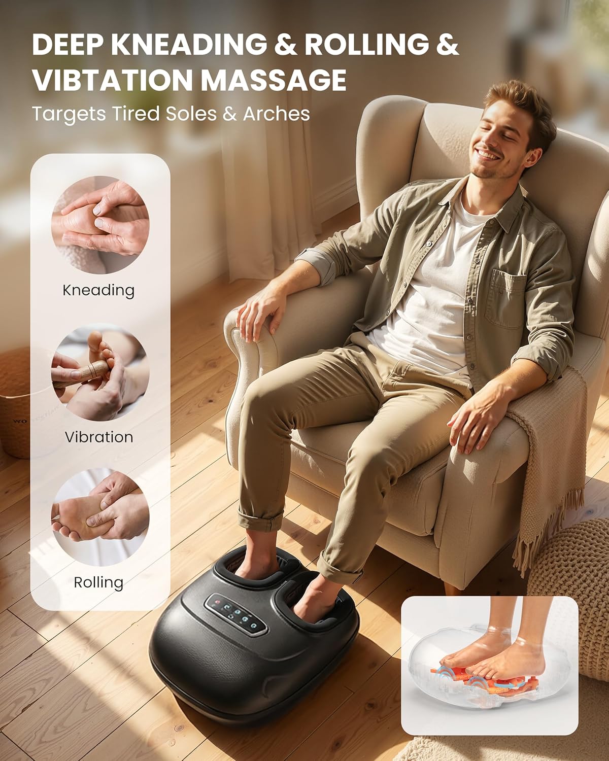 Shiatsu Foot Massager with Heat and Compression, Kneading, Rolling,Electric Feet Massager for Plantar Fasciitis, Neuropathy, Feet Heater, Foot Warmer for Women, Size Up to 14"