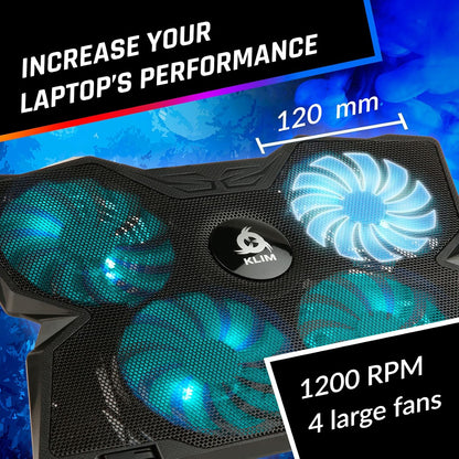 KLIM Wind Laptop Cooling Pad - More Than 500 000 Units Sold - New Version - The Most Powerful Rapid Action Cooling Fan - Laptop Stand with 4 Cooling Fans at 1200 RPM - USB Fan - PS5 PS4 - RGB