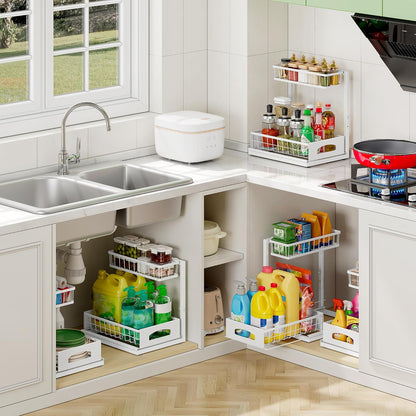 Under Sink Organizer, 2-Pack L-Shaped Metal Pull-Out Drawers for Kitchen | Cabinet Organizer Height Adjustable Heavy Duty Metal 2-Tier Storage Fits Beside Common Pipes for Bathroom Pantry