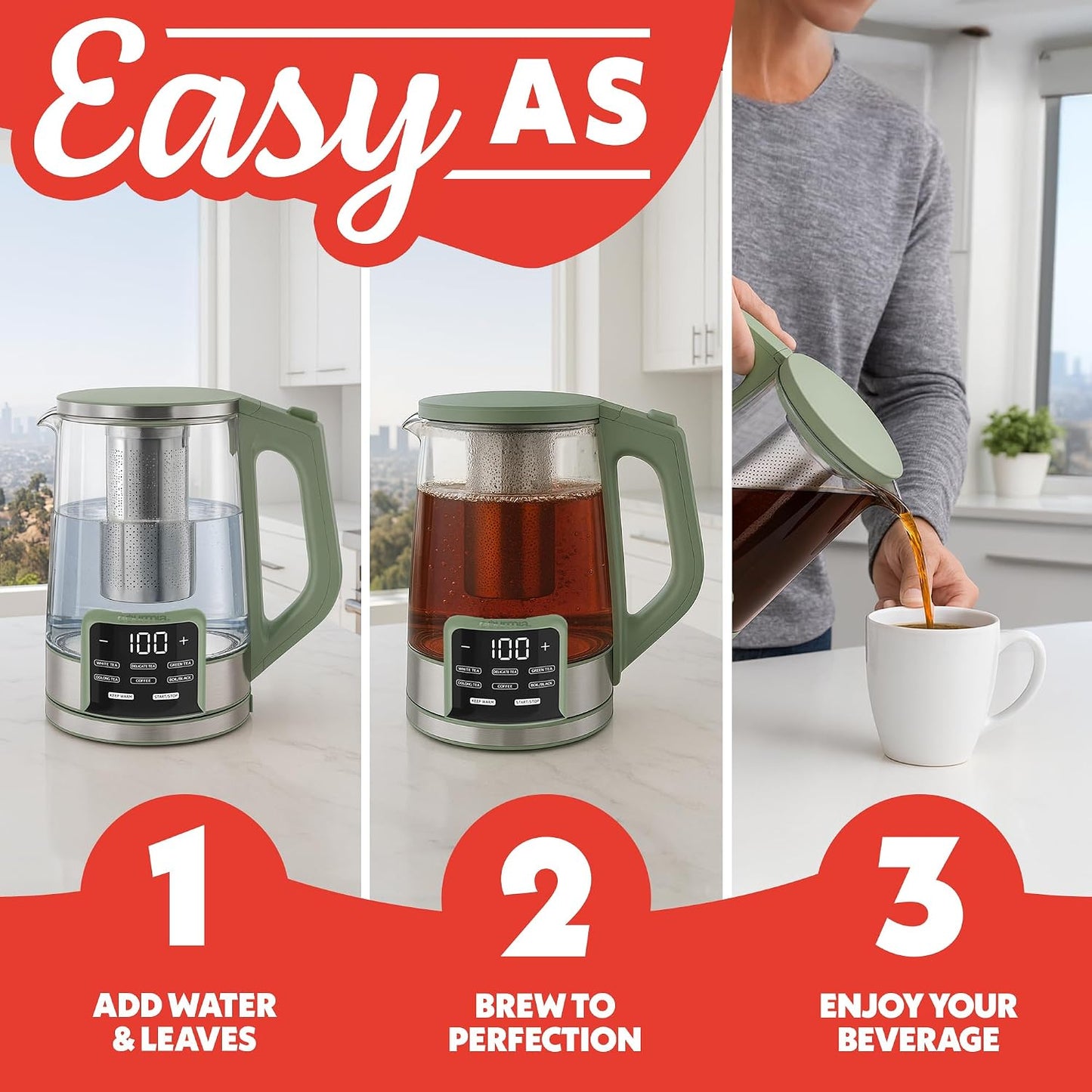 Gourmia Electric Glass Kettle – 1.7L Programmable Tea & Coffee Brewer with Digital Touch Display, 6 Presets, Removable Stainless Steel Infuser, Cordless with 360° Swivel Base, Black