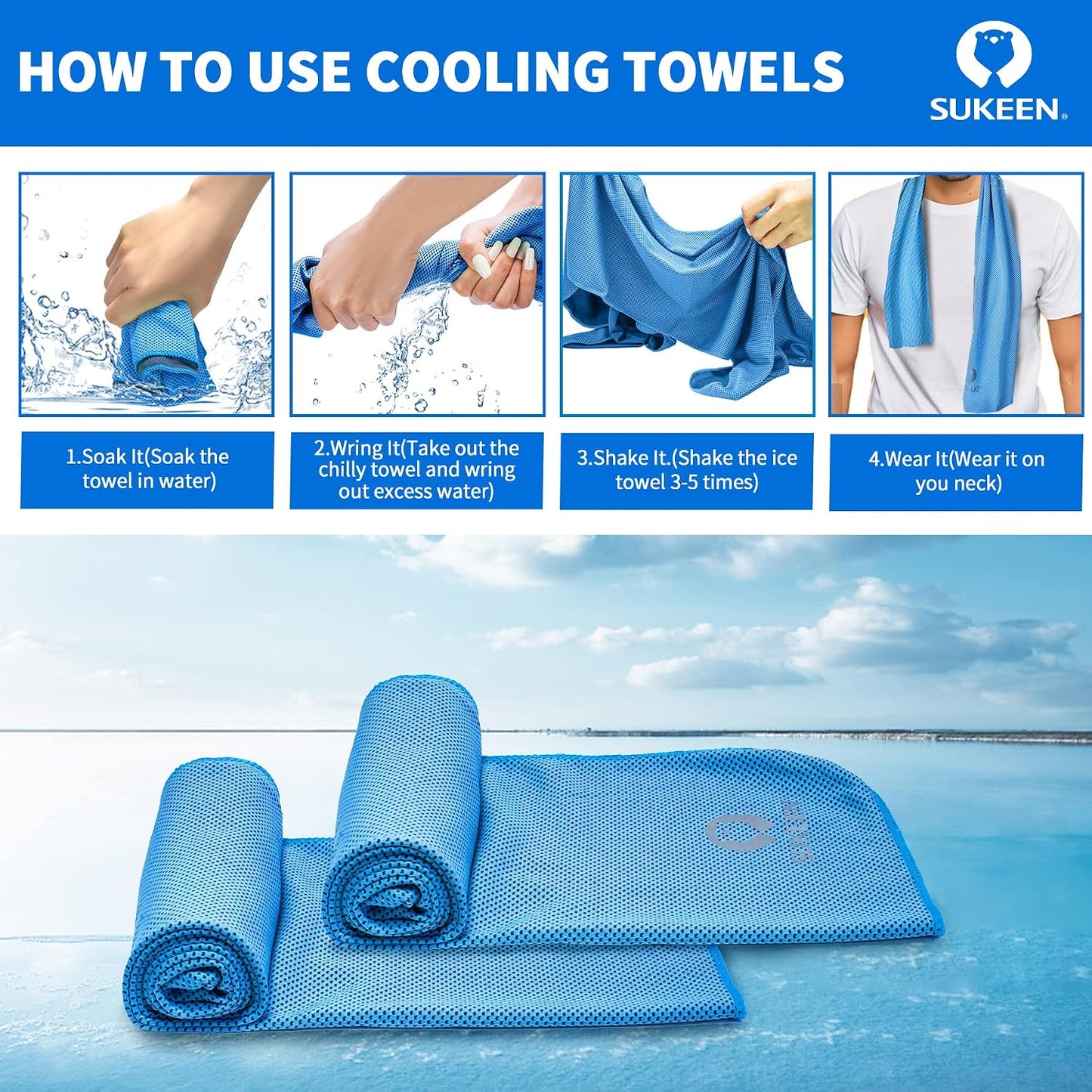Sukeen 4 Pack Cooling Towels (40"x12") for Neck and Face Instant Cooling | Stay Cool in Hot Weather,Versatility,Soft,Breathable,Durability for Sports,Outdoor activities,Summer works in heat